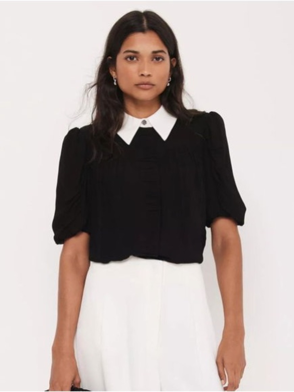 Mint Velvet Womens Black/White Collared Ruffle Puff Sleeve Chiffon Blouse US 8